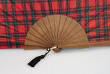 On trend Edinburgh red tartan silk/polyester handmade fan close up