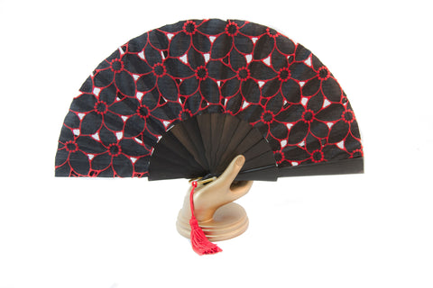 Limoges - Beautiful handmade red and black cotton open work fan